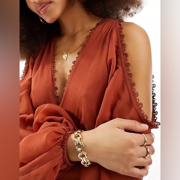 ASOS DESIGN cold shoulder tiered midi dress with lace insert in rust - Picture 2 of 6